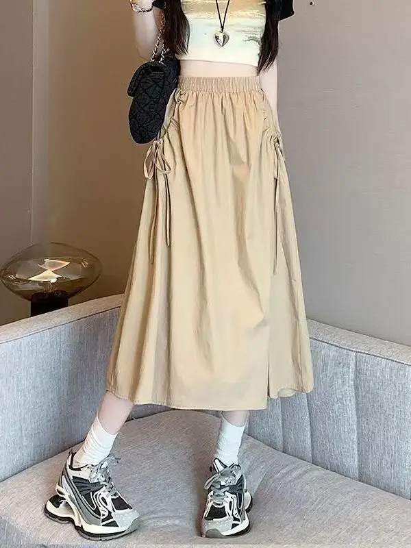 

Корейская универсальная цветная рабочая юбка с поясом и завязками, средней длины, модная женская юбка