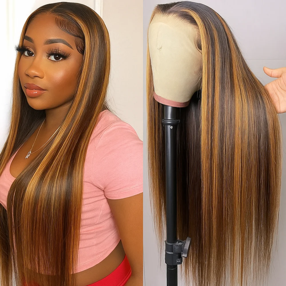 30インチ P4/27 ハイライト オンブレカラー ボーンストレートウィッグ 200%密度 13x4 HDレースフロント 人毛ウィッグ 生え際処理済み 女性用