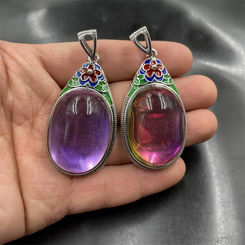 Ice-pink purple zircon-like shape sweater chain oval jade pendant color