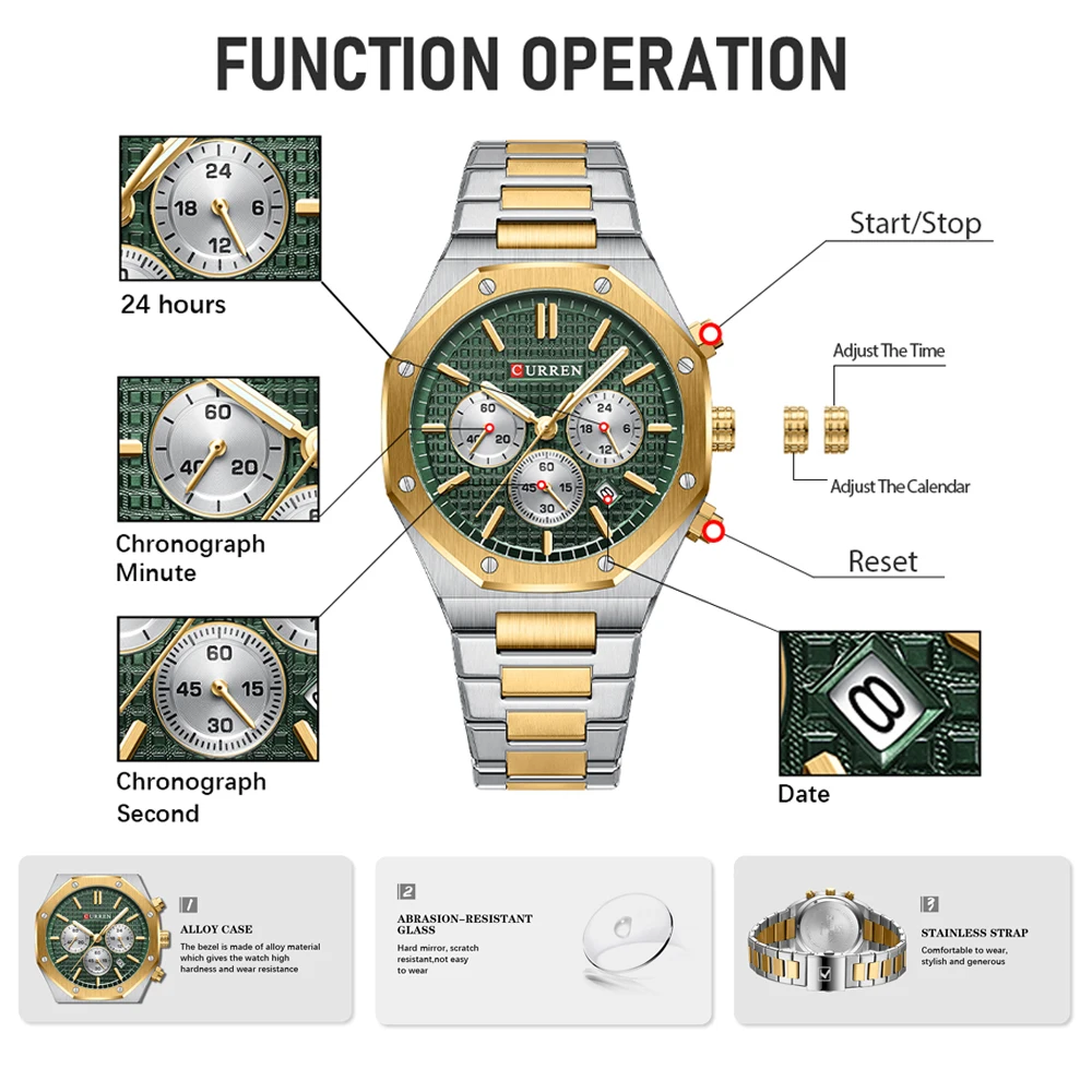 CURREN Watches for Mans Fashion Sports Waterproof Chronograph Octagonal Design Quartz luminous Wristwatches with Auto Date