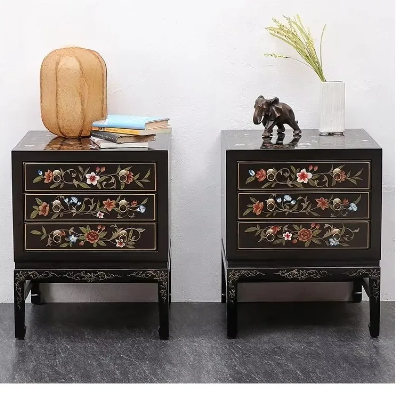 Retro Chinese classical eco-friendly handmade bedside table with 3 drawers of solid wood hand-painted bedside table