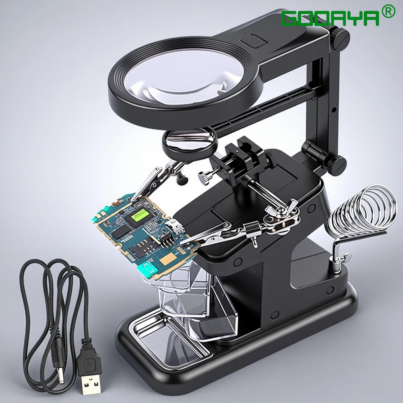 LED Light Desktop Magnifying Glass Soldering Station USB Adjustable Helping Hands Magnifier with LED Light and Alligator Clips