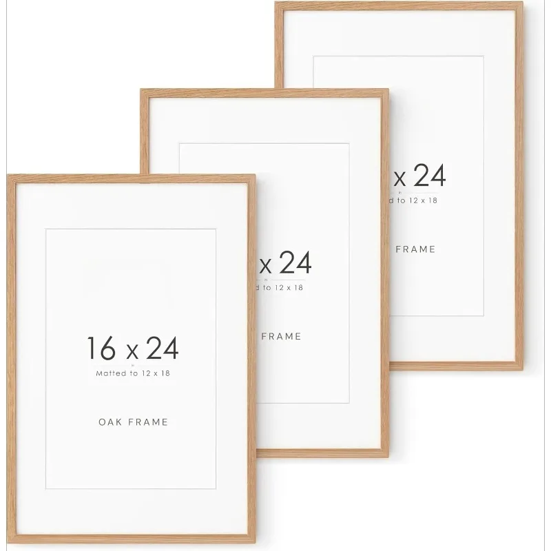 

16x24 Frame, Solid Oak Wood 16x24 Poster Frame with Mat to 12x18, 24x16 Picture Frames for Wall, Natural Oak 16 x 24 Frame