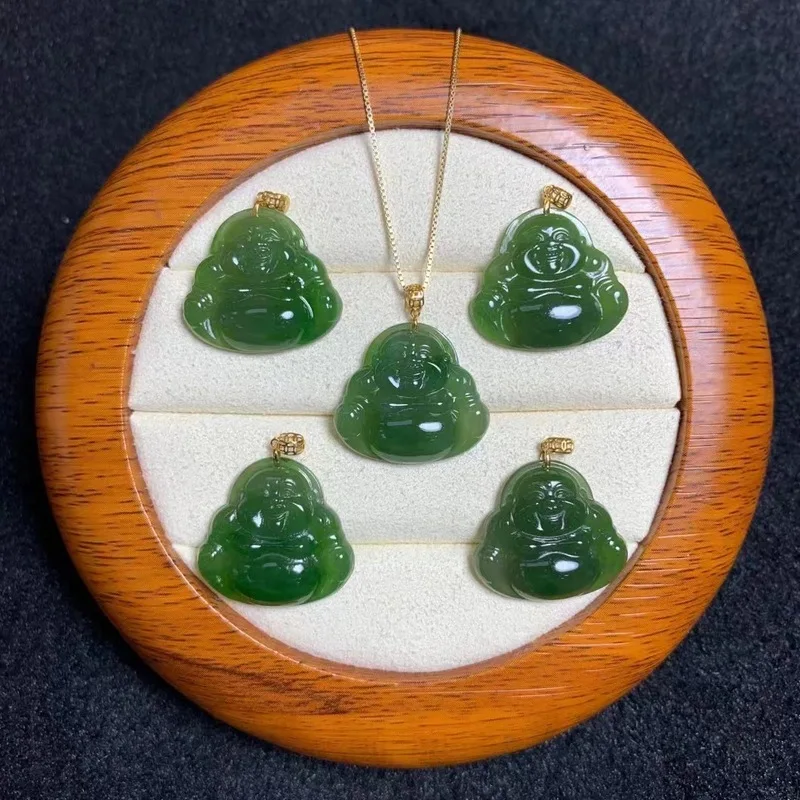 Hetian With 18K Gold Clasp, Spinach Green Jade Laughing Buddha Pendant