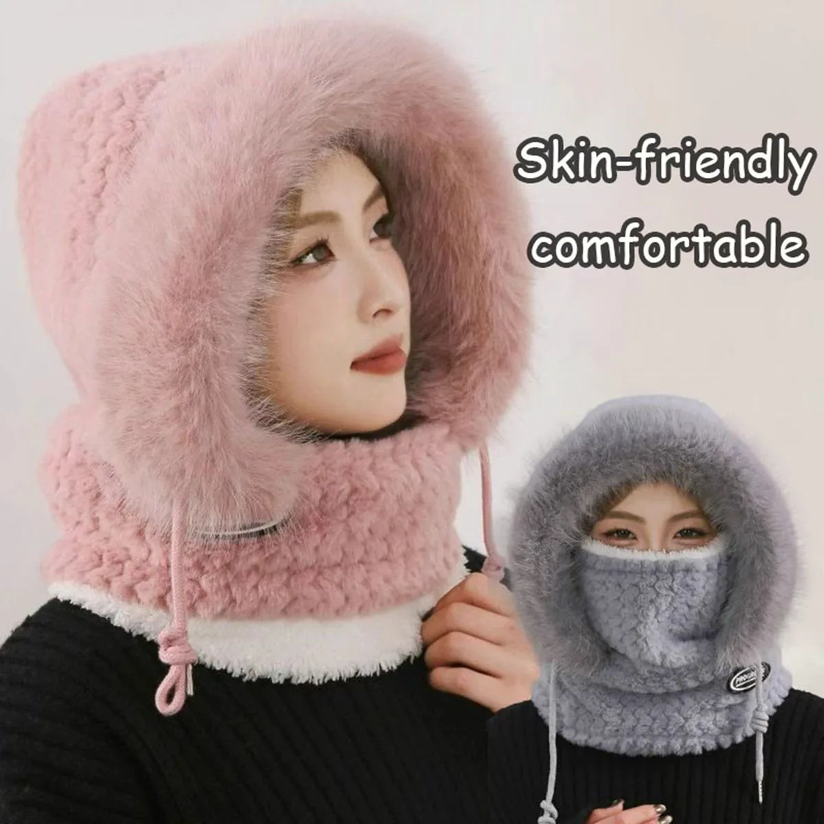Gorro cálido y grueso para exteriores para mujer, gorro de felpa de una pieza, máscara, protección para los oídos, cordón ajustable, accesorio de viaje para ir al trabajo, invierno