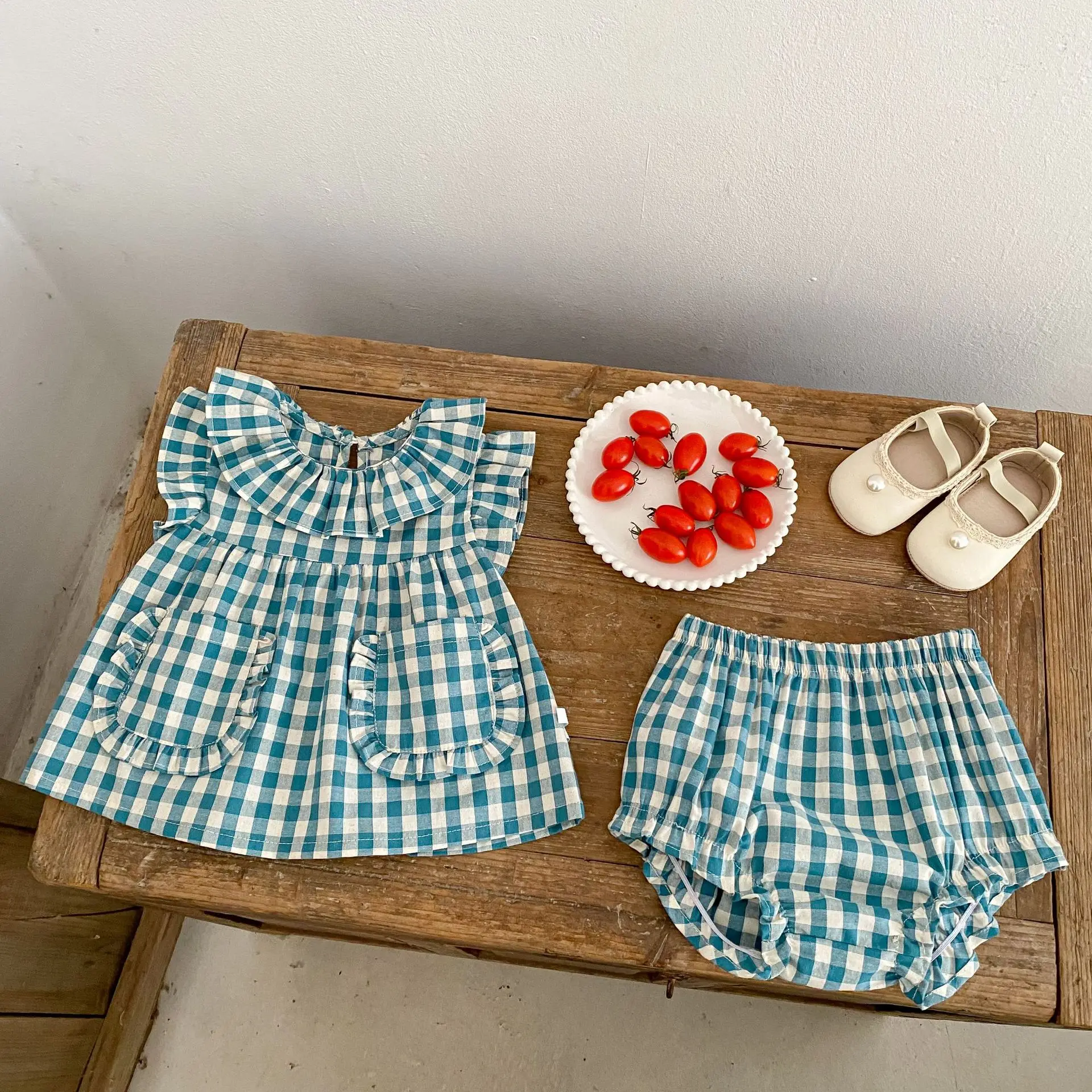 2026 Summer New Baby Short Sleeve Clothes Set Girls Ruffle Collar Plaid Tops + Shorts 2pcs Suit Thin Toddler Cotton Outfits