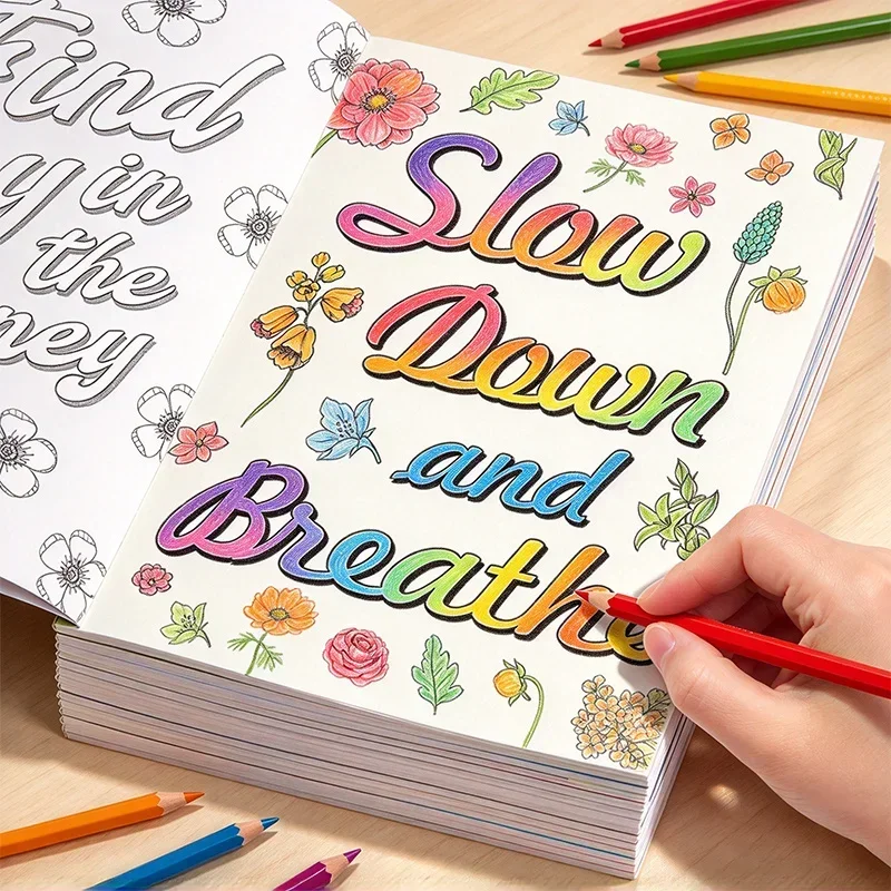 1 Adult Mental Health Healing Coloring Book, Positive Energy Short Sentences for Mental Health, Floral Border Drafts, 32 Pages