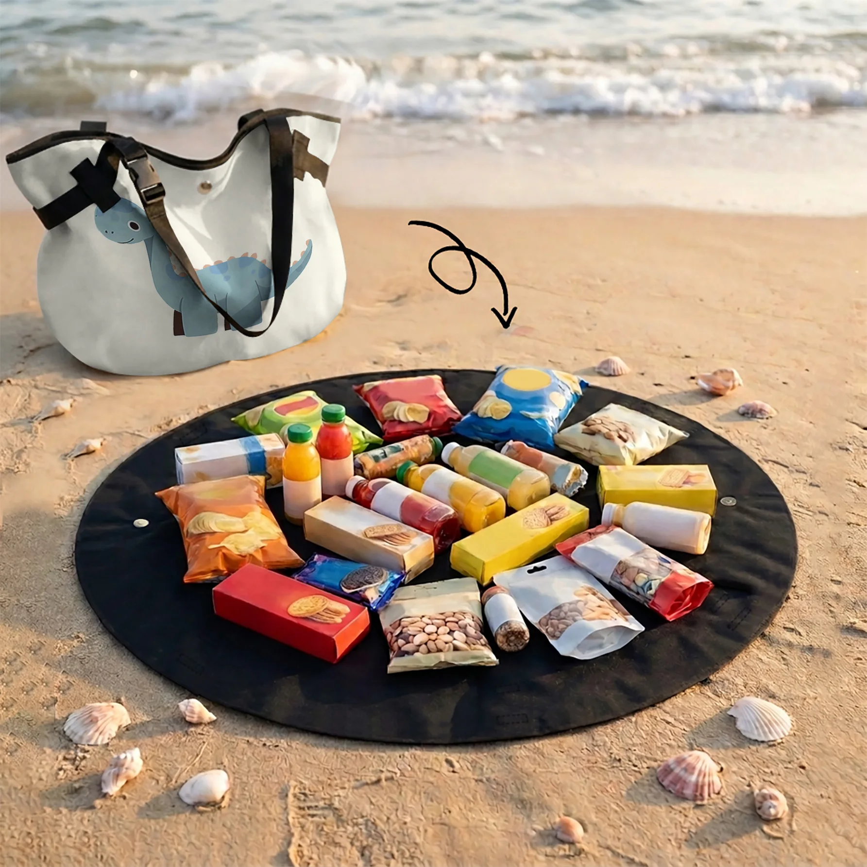Dinosaur Print 2 In 1 Tote Bag & Round Picnic Mat, Waterproof Foldable Mat For Camping Beach Picnic Travel