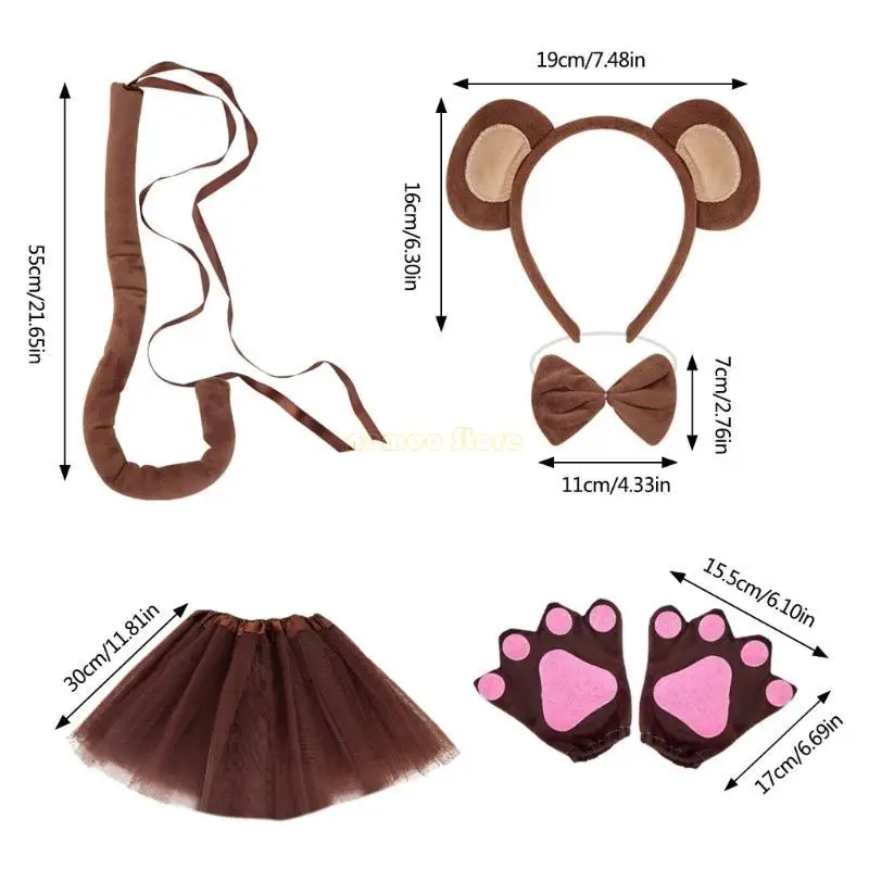 31BF Children Monkey Kostümzubehör für Boy Girl Halloween Cosplay -Party einschließlich Stirnband -Heckhandschuh Bowtie und Rock