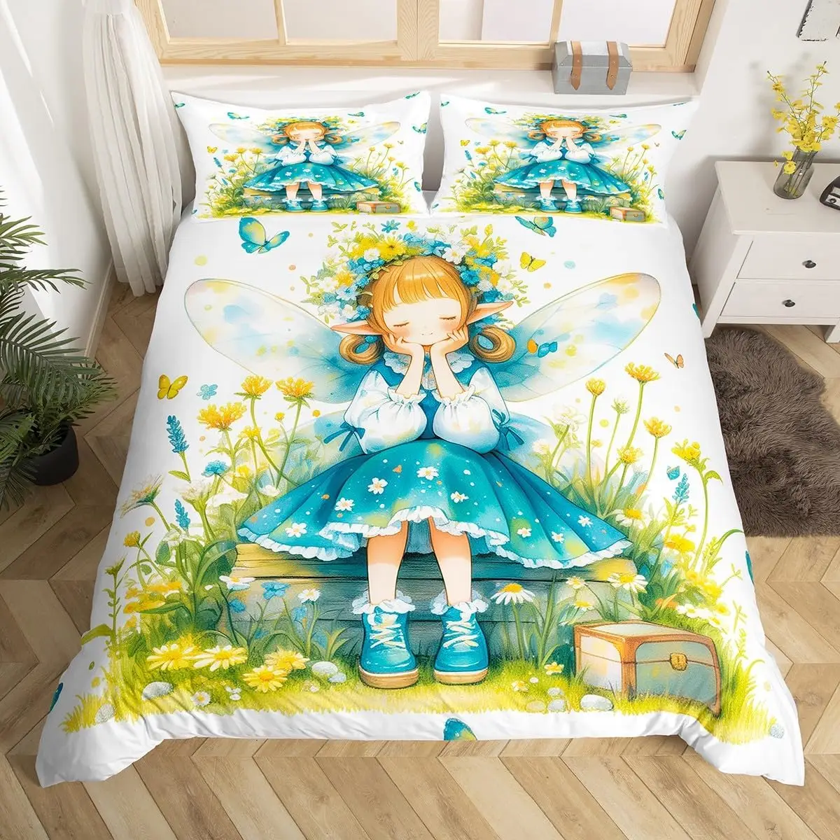 

Butterfly Fairy Duvet Cover Queen King Size Princess Fantasy Fairytale Jungle Natural Bedding Set Girls Women Room Decor 3 Pcs