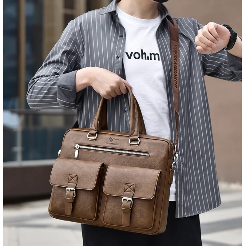 Luxury PU Leather Briefcase Men Laptop Vintage Executive High Quality Famous Brand Handbag Shoulder Office Business Tote Bag