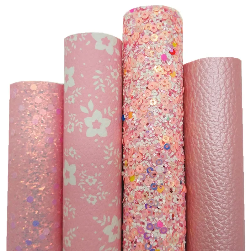 Pink Glitter leather Small Flowers Printed Synthetic Leather Pearlized Litchi Faux Leather Vinyl Fabric For Bow DIY 21x29CM Q383