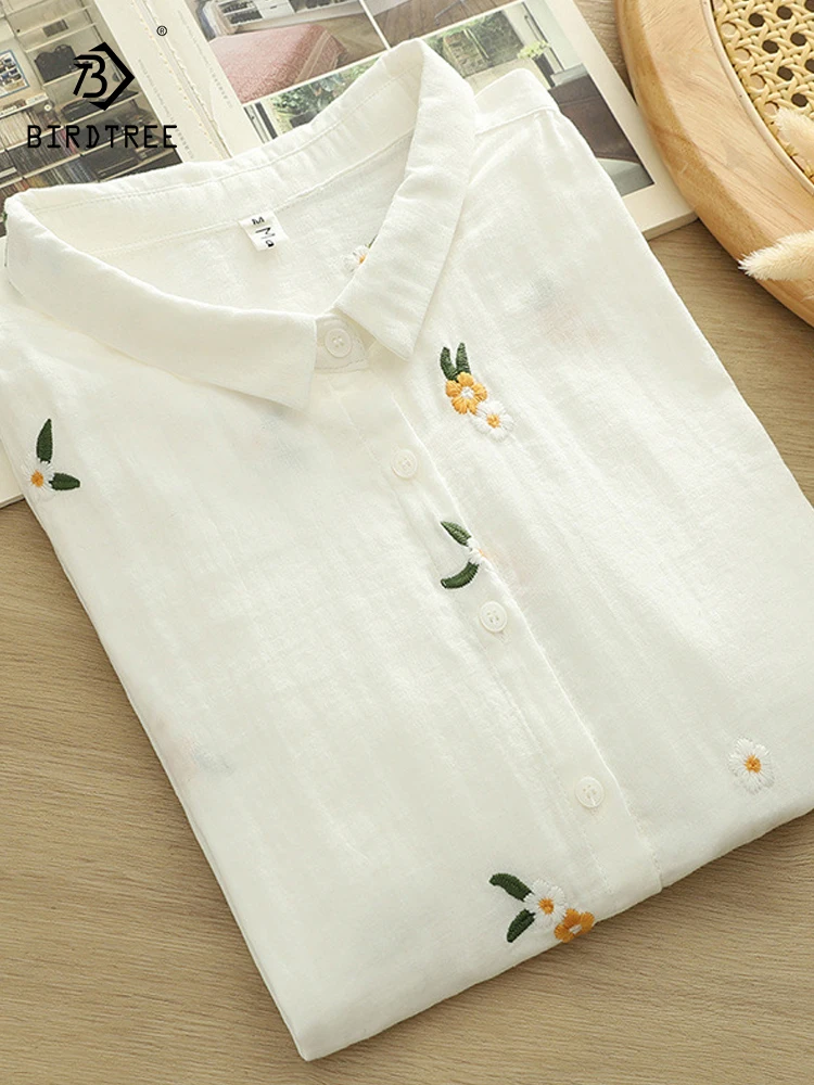 

New 2025 Summer Cotton Yarn Half Sleeve Shirt, Women Turn-down Collar Embroidery, Mori Girl Chic Versatile Loose Blouse T57451CC