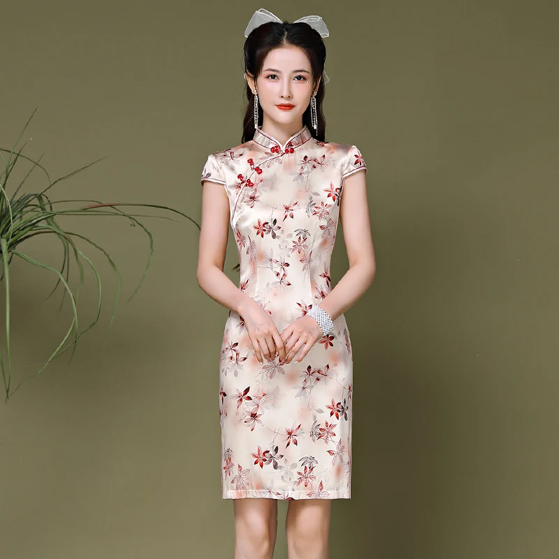 

Ele Young Sle Silk ort Dr Low Slit Breathable Comfortable ort Sve Floral Print High End Sensation