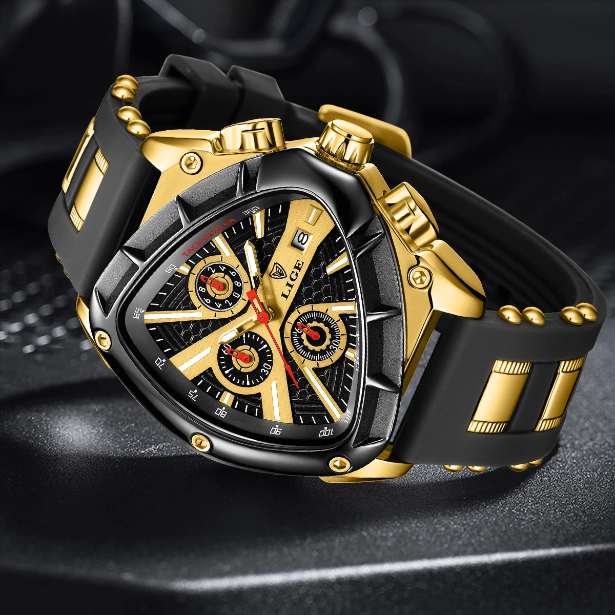 LIGE Mens Sports Watches Fashion Rubber Strap Military Irregular Quartz Wristwatch Waterproof Triangle Watch with Luminous Point