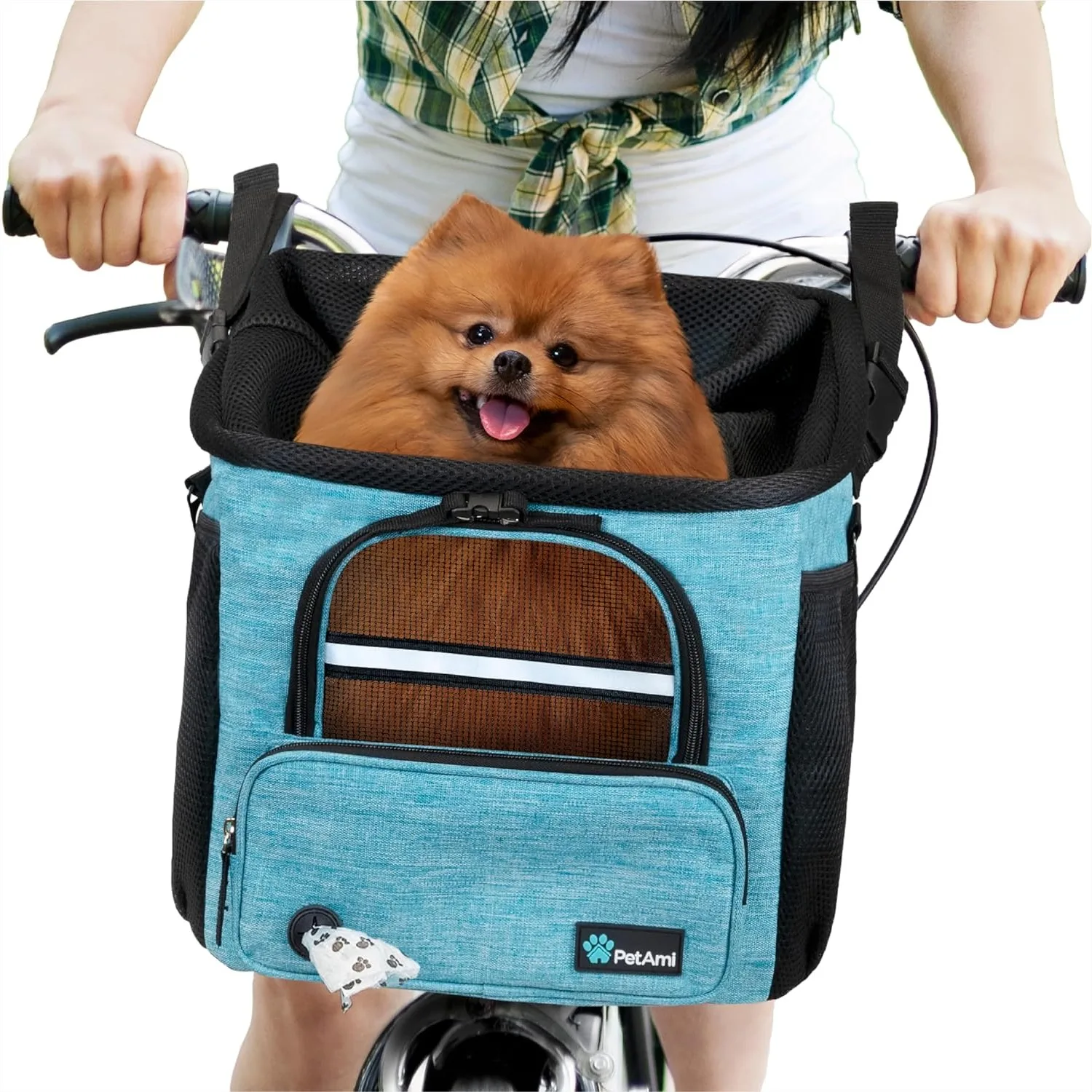 

Soft-Sided Dog Bike Basket, Pet Bicycle Carrier for Handlebar, Small Medium Puppy Cat Car Booster Seat with Safety Strap, Max 18