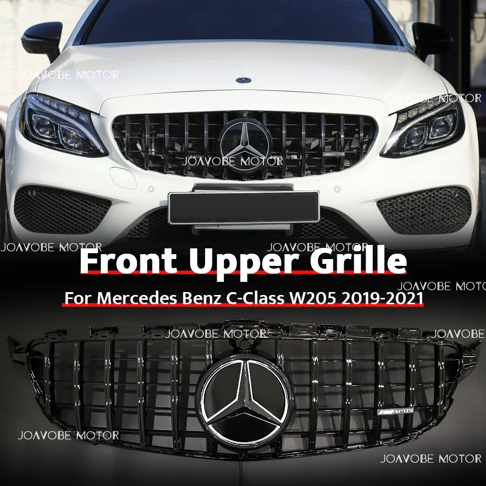 

Черная передняя решетка в стиле GTR с черной светодиодной эмблемой зеркала для камеры Mercedes Benz C-Class W205 S205 C205 A205 2019-2021 W/360