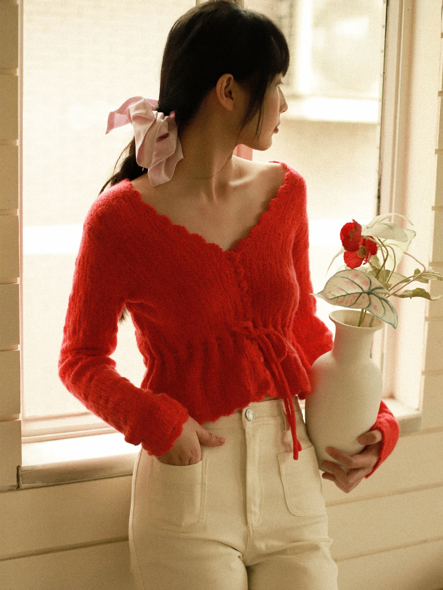 

Вязаный свитер ручной работы с V-образным вырезом и бантом из смесовой шерсти и кашемира для женщин, ретро-стиль, красный, вязаная одежда