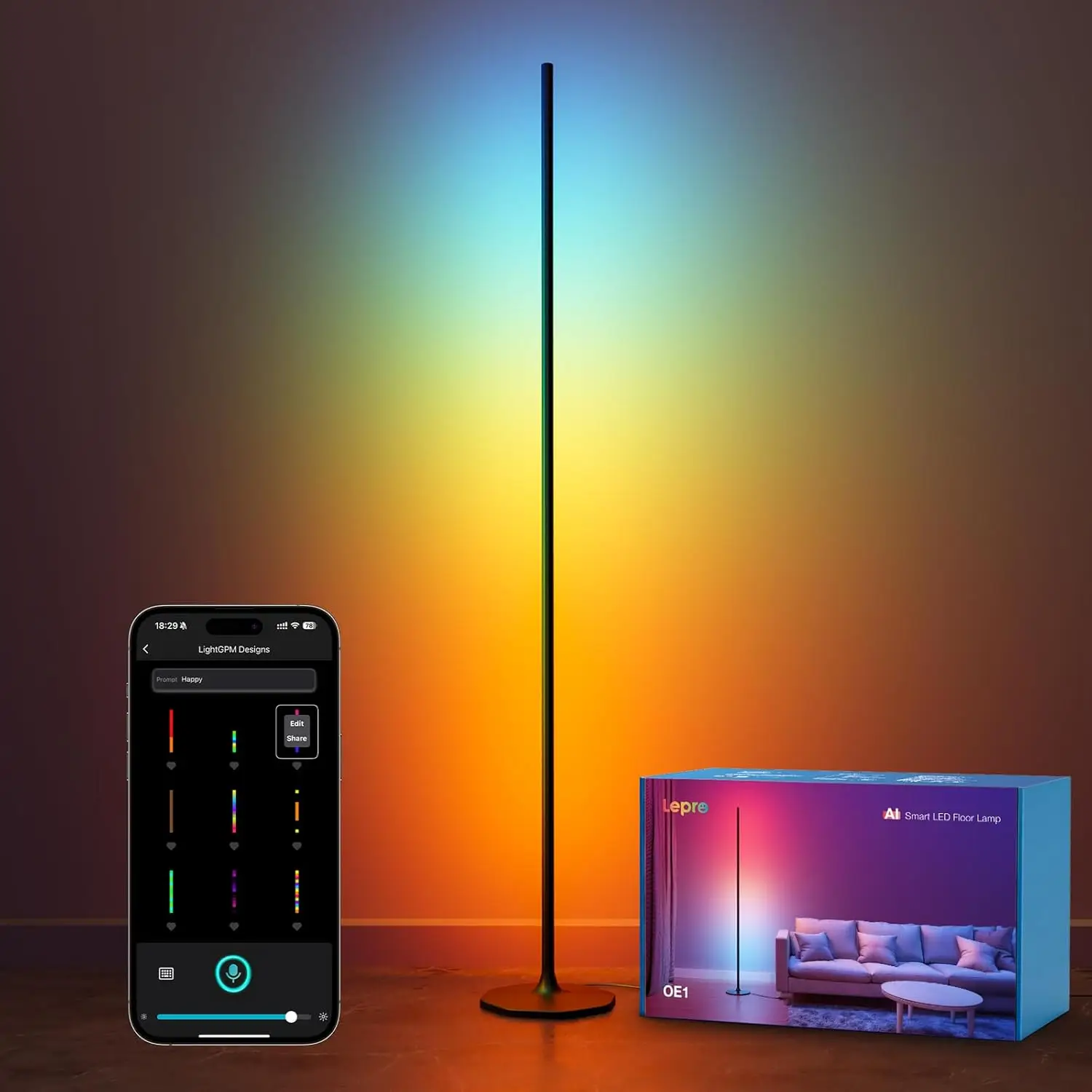 

Smart RGBICW Corner Floor Lamp with Music Sync, Alexa Enabled, AI Lighting Designer for Living Room/Bedroom, 1000LM, WiFi
