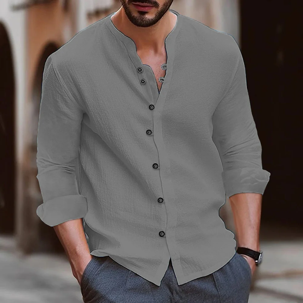 Spring Autumn Men\'s Long-Sleeved Shirt Retro Cotton and Linen Casual Comfortable Loose Breathable Fitted Stand-up Collar Tops