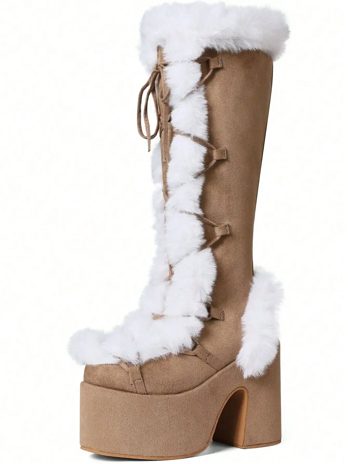 Women's Christmas Winter Furry Snow Boots Womens Mid Calf Boots Lace Up Zip Block Chunky High Heel Punk Goth Warm Fur Winter Snow Platform Knee High Boots - view 6