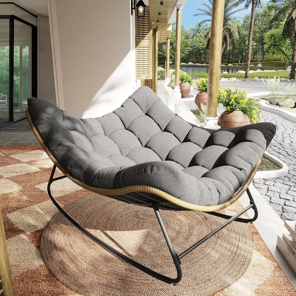 

Outdoor Rocking Chair, Indoor Papasan Chair, Oversized Egg Rocking Chair with Thick Cushion, Rattan Wicker Rocker Lounge Chair f