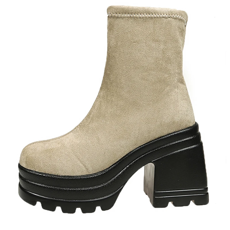 Wildleder-Plateau-Damen-Stiefeletten mit hohen Absätzen, klobige modische Schuhe für Damen, 2025, Trend Winter, neue Designer-Gothic-Damen-Chelsea-Stiefel