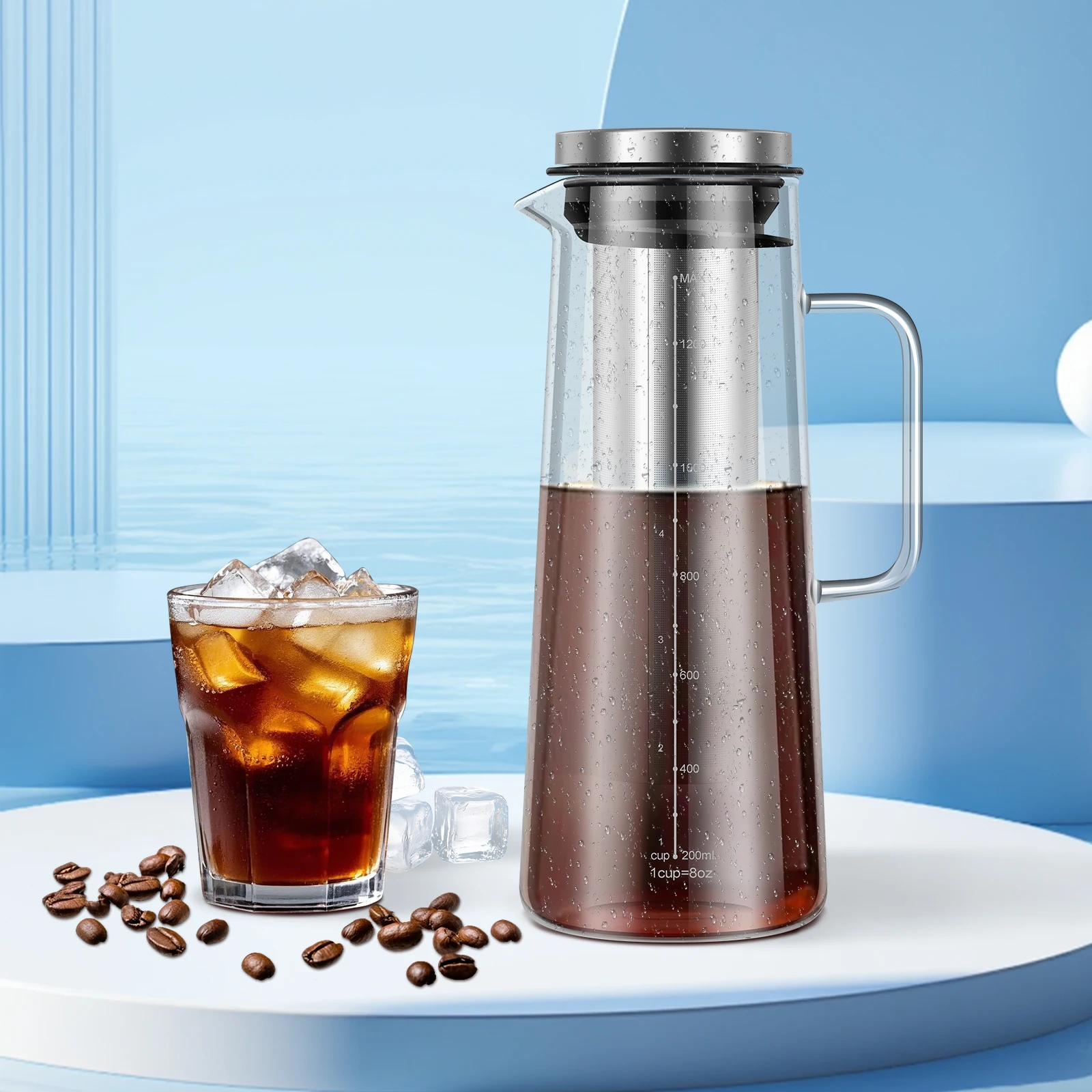 Coffee Pitcher Airtight Cold Brew Iced Coffee Maker and Tea Infuser 1400ml Glass Carafe with Removable Stainless Steel Filter