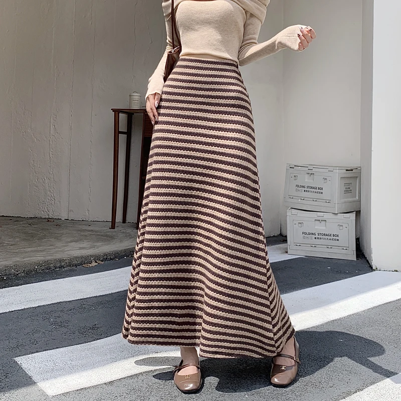 

Повседневная длинная юбка А-силуэта в полоску с высокой талией, корейский стиль, осень-зима, новая модная коллекция, универсальная, для отдыха, с эластичным поясом