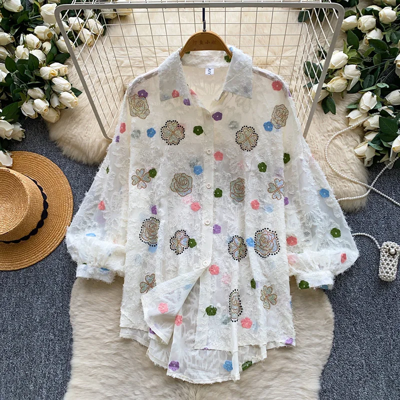 Frühling Herbst Neue Diamantbesetzte Pailletten-Blumen-Revers-Laternenärmel-Bluse Damen Dopamin Süße Übergroße Lose Bluse C580Top