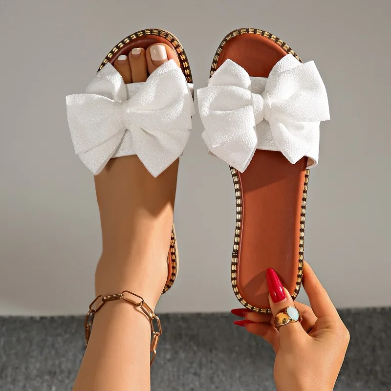 

2026 New Fashion Bow Decor Round Toe Women's Slippers Summer Solid Color Casual Lightweight Women Shoes Босоножки Женские