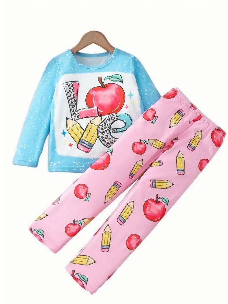 

Autumn new children's baby round neck pullover cartoon print long sleeved shirt straight leg pants set