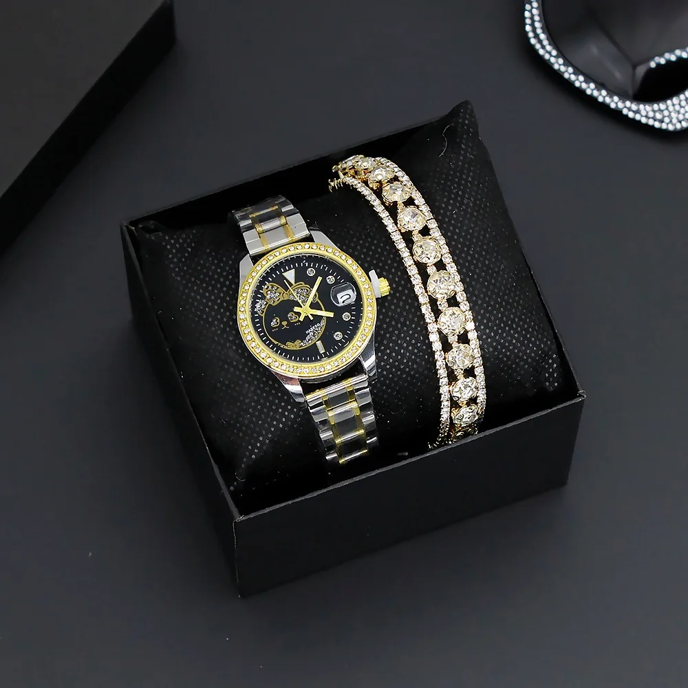 2PCS Set Women Luxury Quartz Watch Rhinestone Fashion Wristwatch Casual Ladies Watches Bracelet Set Clock Montre Femme + Box