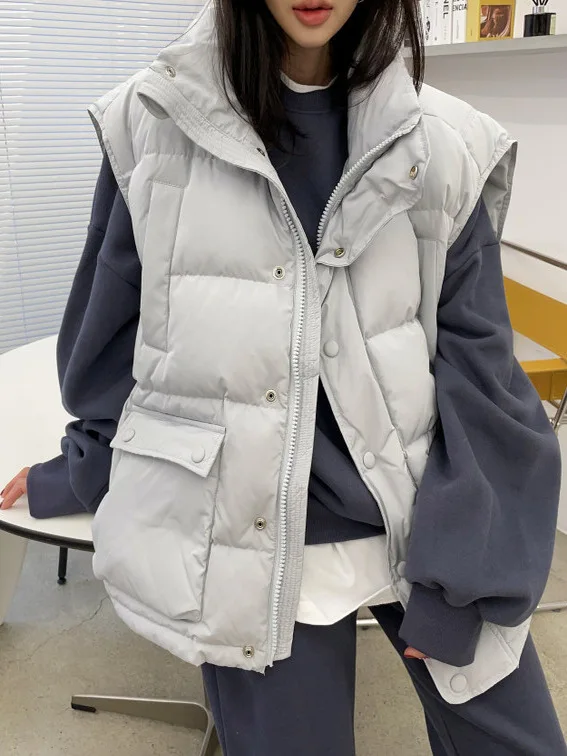 

Faionable Универсальный женский пуховый хлопковый жилет, зимний теплый свободный воротник-стойка с воротником-стойкой, воротник-стойка Jaet Long Sve на молнии Cl...