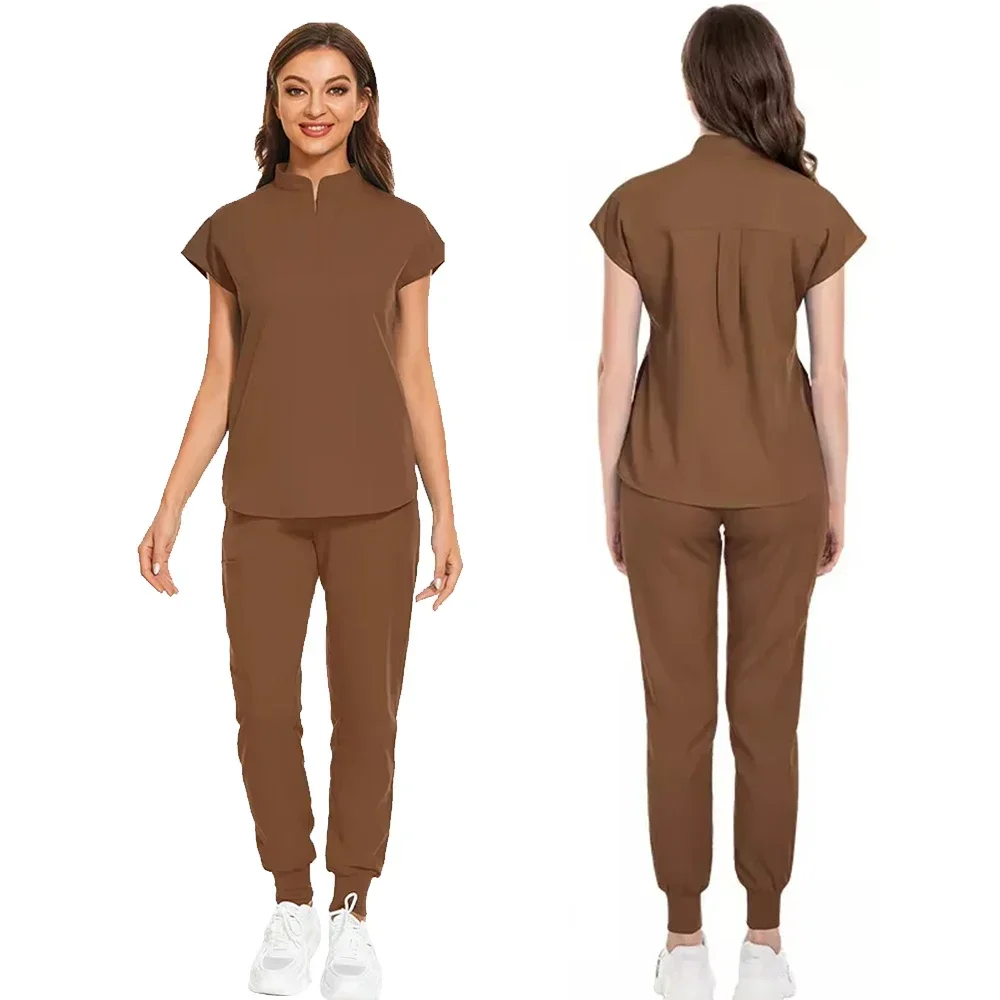 زي صالون التجميل المرن القابل للتنفس من الألياف اللدنة للممرضات إكسسوارات عصرية بقصة ضيقة ملابس صيفية للمختبر ملابس فرك للنساء