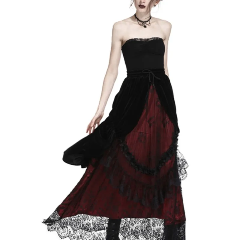 Gothic Black Red Wave Velvet Lace Maxi Dress