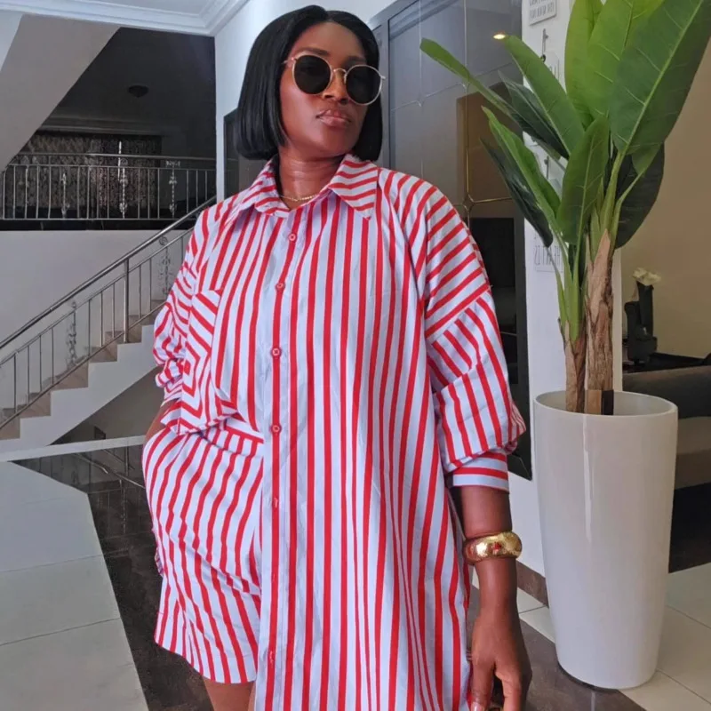Plus Size African Striped Two Piece Outfits Summer Women Oversized Button Up Shirt & Elastic Waist Shorts Loose Loungewear Set