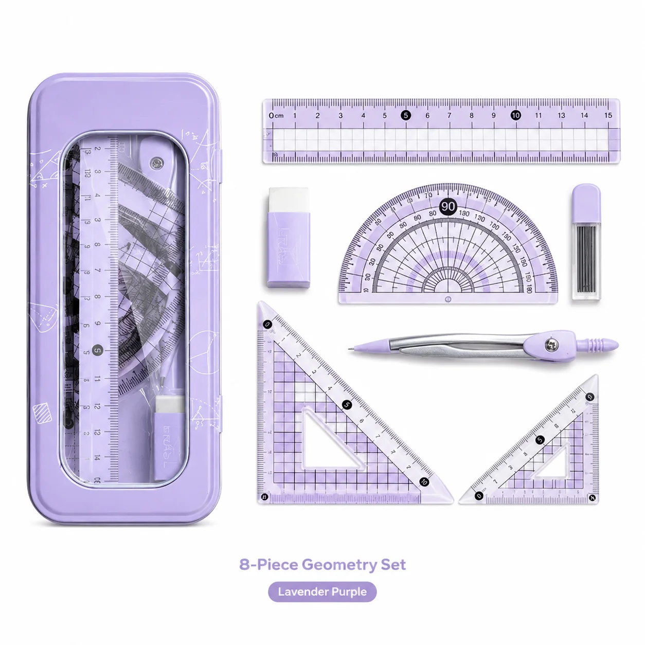 8 Pcs Geometry Set, Math Compass Ruler Kit with 15cm Ruler Protractor Triangles for School Students