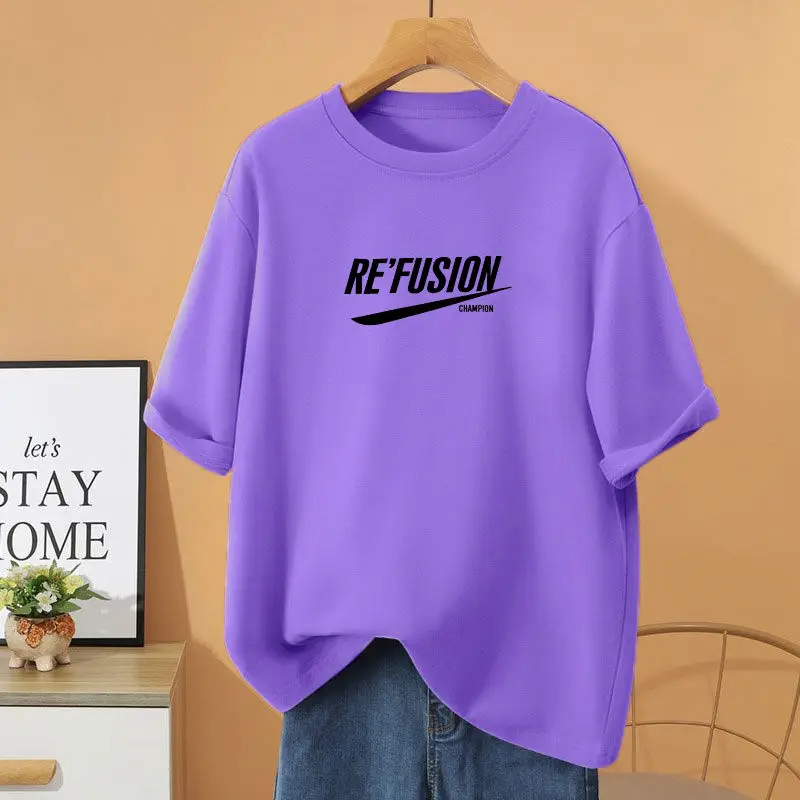 

Summer 100% Cotton Cartoon Letter Printed Pullovers, Women Clothing Loose Casual O-neck T-shirt, Fashion Short Sleeve Top Tee