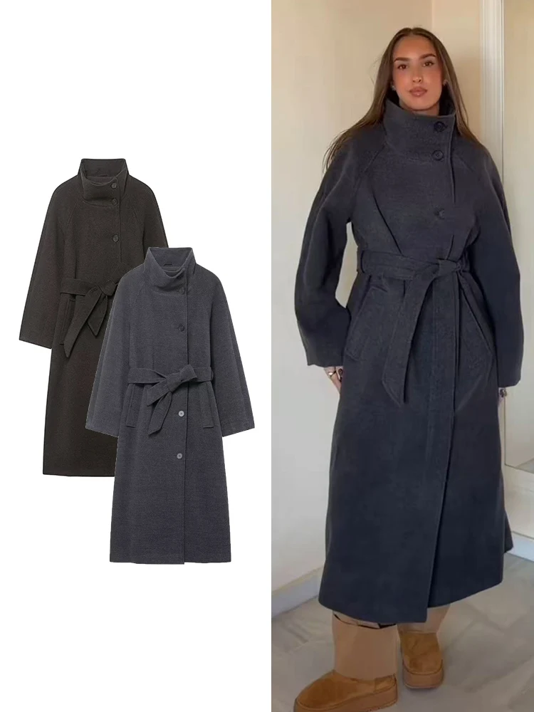 

Женский однотонный плащ в стиле ретро с воротником-стойкой и поясом, удобное элегантное длинное пальто, шикарная однобортная ветровка