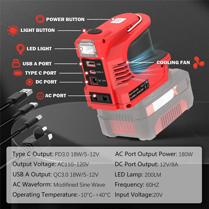 

ABDJ-For 18V Li- Battery Compatible 180W Power Inverter With LED Work Light DC 12V Outlet Powered Via USB/Type-C EU
