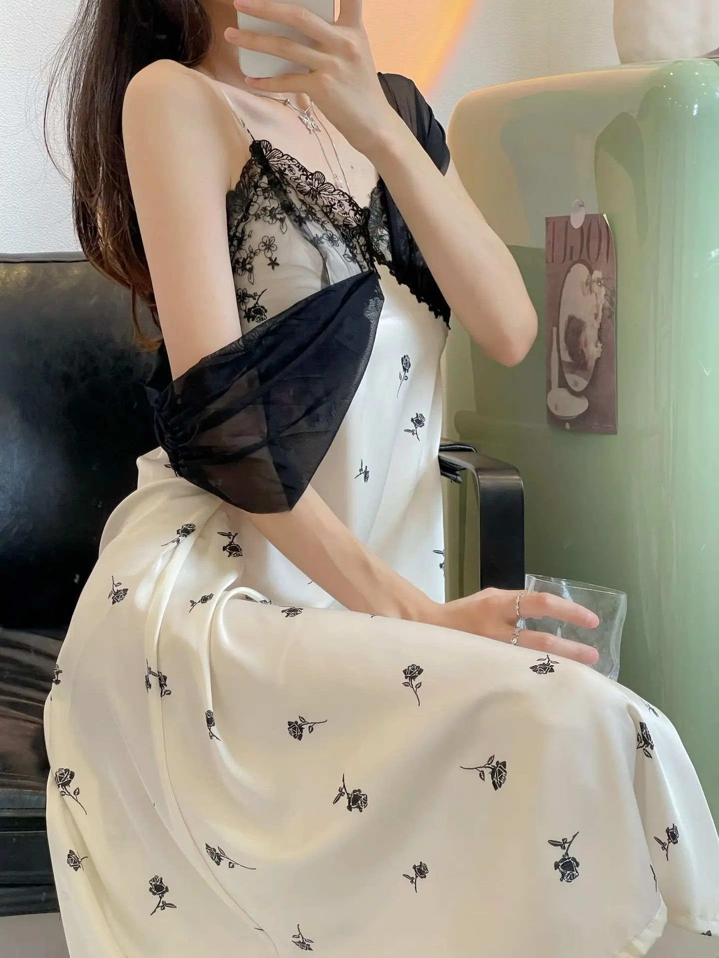 

Nightdress Patchwork Lace Print Flower Nightwear Summer Sexy Women Nightgown Sleepwear with Bra Loose Casual Satin Lounge Wear