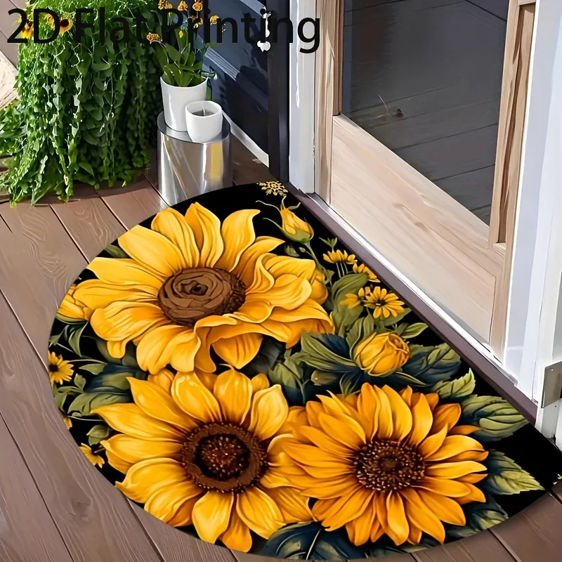 VIKAMA Tapis de sol semi-circulaire de style rural, tapis antidérapant et lavable, tapis imprimé floral et abeilles, décoration de la maison
