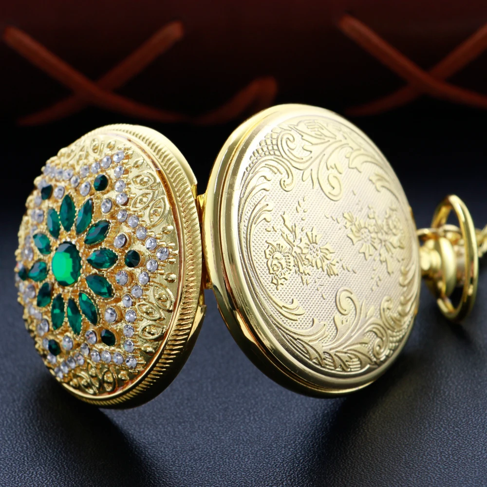 Exquisite Luxury Gold Green Gem Magic Diamond Digital Quartz Pocket Watch Women's Necklace Clock Fashion Accessories Gift