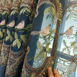 Cortinas bordadas de pájaros de lujo para sala de estar, Cortinas de ventana clásicas chinas huecas de chenilla azul y marrón