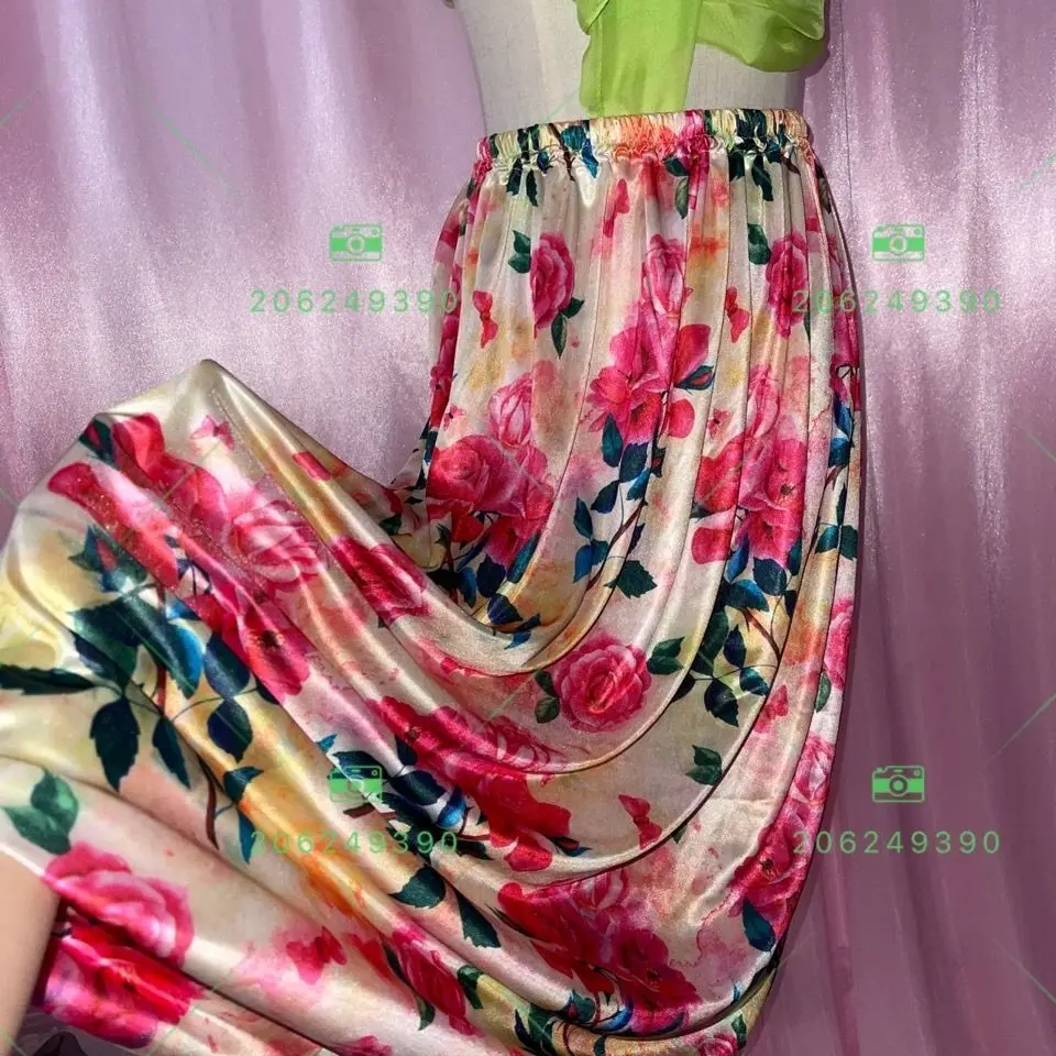 Summer Spring Floral Print Satin Sexy Women Long Skirt High Waist Sleeping Loose Bottoms