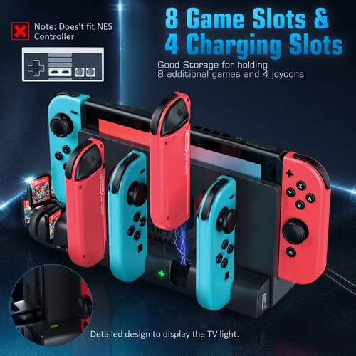 Imagen 2 del producto Para cargador Switch Joycon, para controladores Switch OLED carga rápida-estación de acoplamiento de controlador Switch Pro con 8 ranuras para juegos
