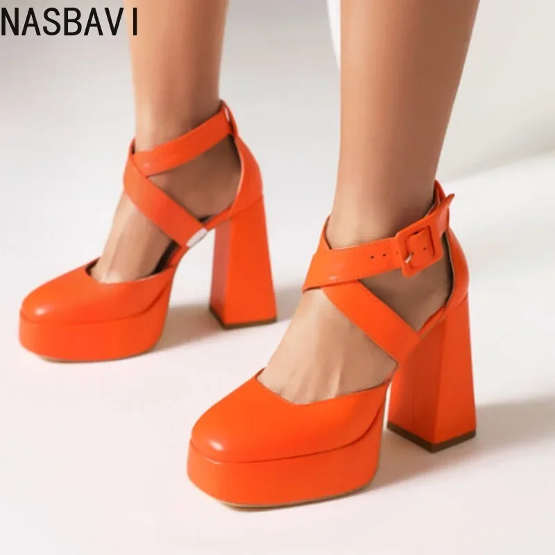 

NASBAVI Spring New Styles Fashion Round Head Ultrahigh Heel Women's Shoes Orange Shallow Mouth Buckle Square Heel Women Shoes