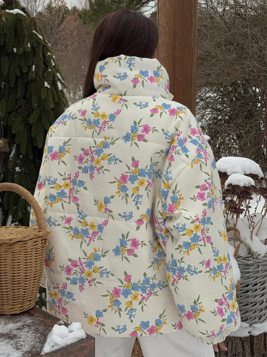 Wolfeel New Women's Puffer Jacket Oversized Stand Up Collar Zipper Closure Floral Print Warm Cotton Filled Coat Autumn Winter