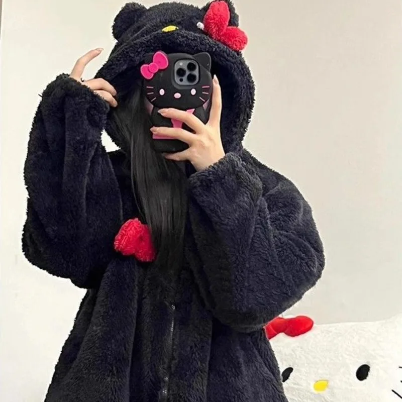 Cartoon Hello Kitty Coral Velvet Sleepwear Women Winter New Hooded Thickened Pajamas Sweet Fashion Home Clothes Two Piece Set